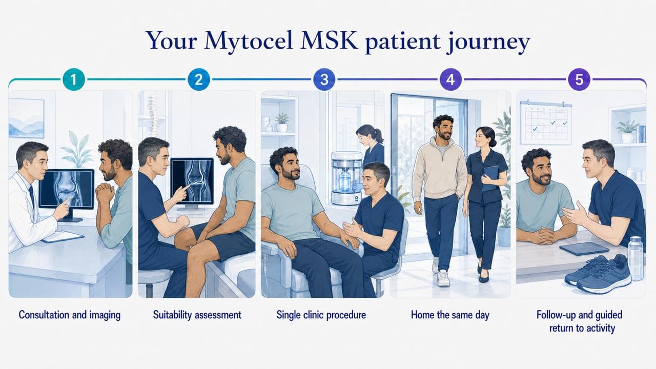 Illustrated overview of the patient journey: consultation and imaging, suitability assessment, a single clinic procedure, home the same day, then follow-up and a guided return to activity